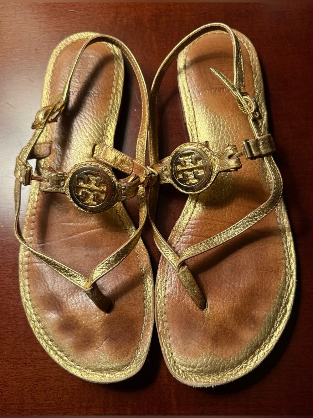 TORY BURCH Metallic Gold Miller Logo Thong Sandals
